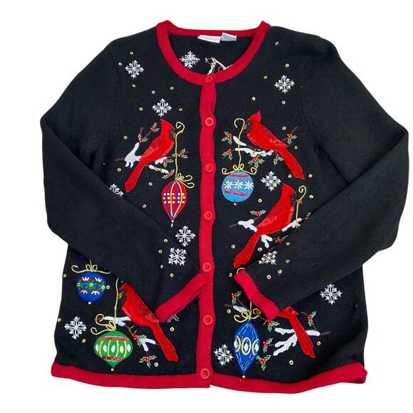 Kim Rogers Sz SP Vtg 90s Knitted Holiday Cardigan Boho Embroidered Beaded - Picture 9 of 16